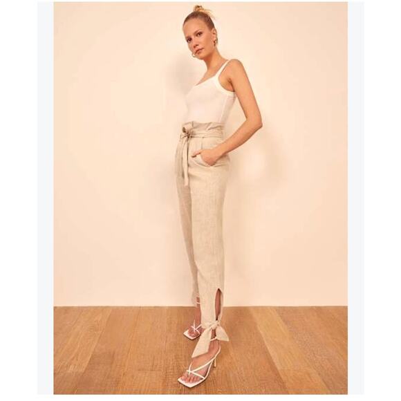 Reformation Norman pant Cream color Belted Paperbag Tie Ankle Pant sz 6 - Picture 3 of 12